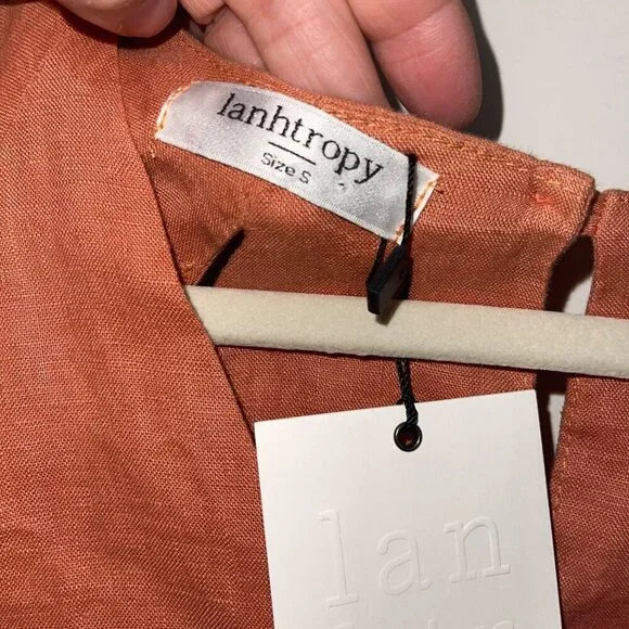 Lanhtropy Womens Top Size Small Brown Pearl Cut Outs V Neck Pure Linen New